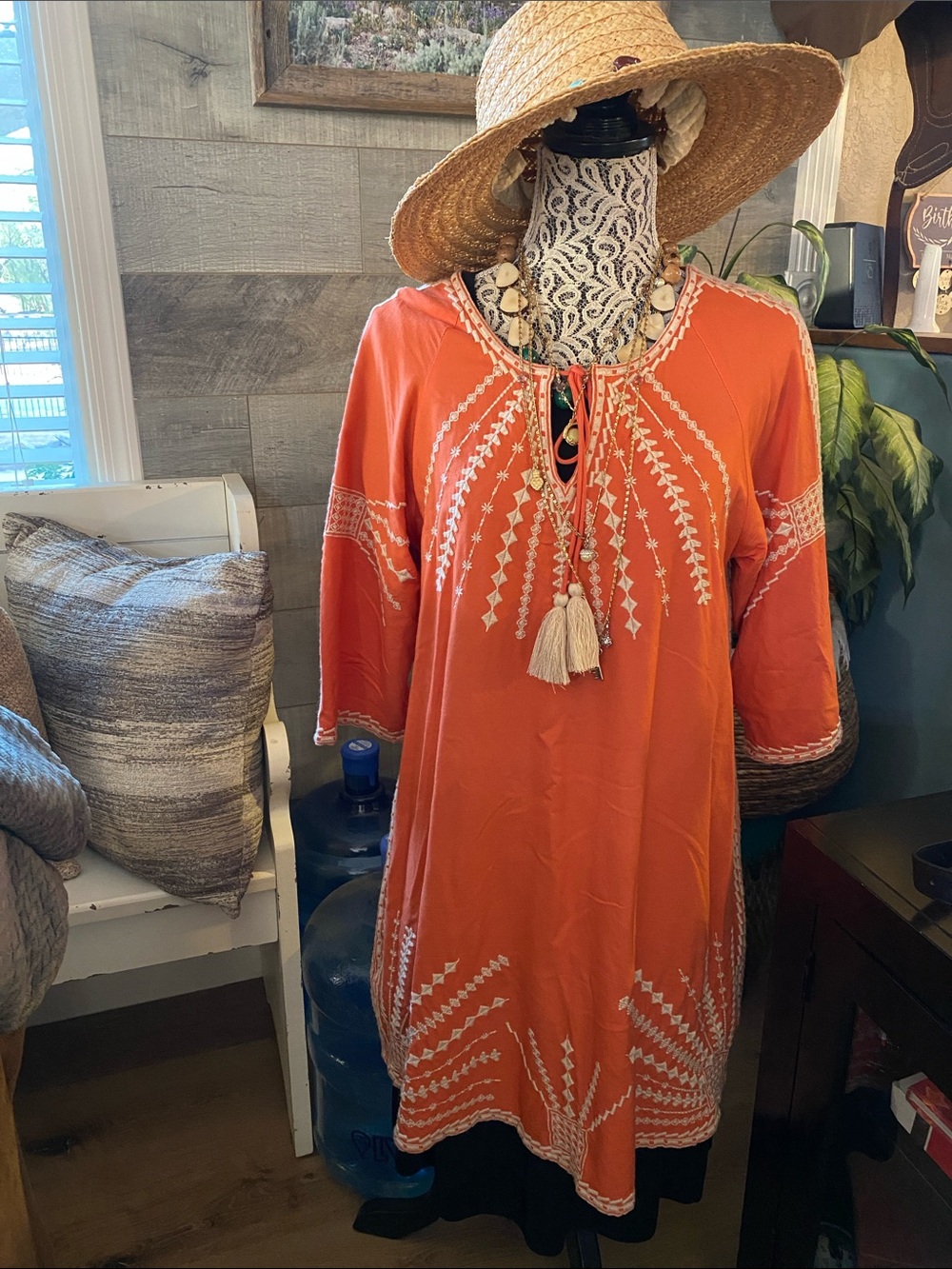 Tolani Orange Embroidered Dress with 3/4 sleeves size L